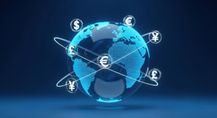 Digital globe with currency symbols orbiting, tech finance concept, blue background