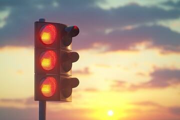 Traffic Lights with Sunset in Background Isolated on White Background, Depth of Field