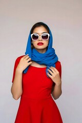 A stylish woman confidently posing for a photo wearing sunglasses and a vibrant red dress