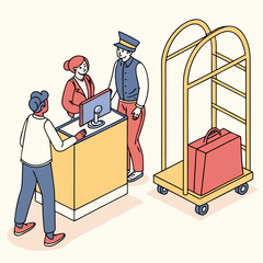 Hotel check in counter guest service bellhop luggage cart