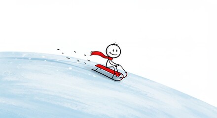 Child sledding on snowy hill illustration