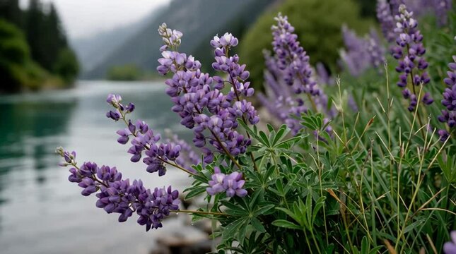 mountain river valley in full bloom, tall purple-pink lupines lining riverbanks, Generative AI