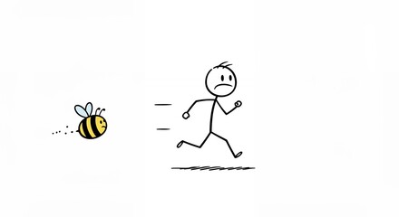 Stick figure running from bee illustration