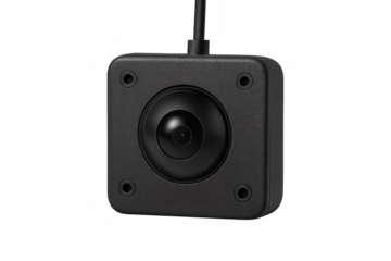 Security camera lens focused, black metallic body hanging against transparent backdrop, highlighting surveillance technology design