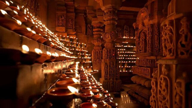 diwali celebration video - A serene temple interior adorned with hundreds of flickering oil lamps, casting warm light on intricately carved stone pillars and walls, creating a tranquil atmosphere