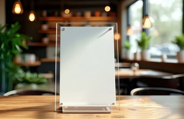 Clear acrylic menu holder with blank white page standing on wooden table in modern cafe interior, warm lighting with green plants background, shallow depth of field mockup, minimalist design, commerci