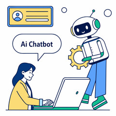 Ai chatbot assisting businesswoman with laptop and gear