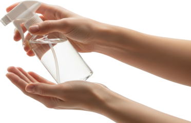 Woman's hands applying clear liquid from spray bottle Isolate transparent background