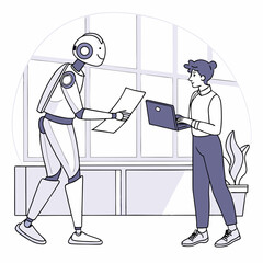 Robot and person collaborating on a project, transparent background