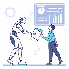 Robot giving documents to man professional business illustration