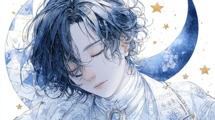 A digital illustration of a serene, young person with dark blue hair, pale skin, and closed eyes.  The style is soft and pastel, featuring a crescent moon and starry background