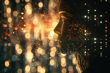 Vibrant Picture of Cybernetic Face Silhouette with Flowing Data Background
