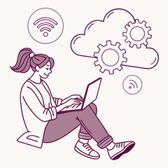 Woman working on laptop cloud computing technology wifi