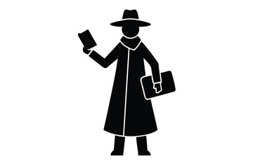 Minimal silhouette of pilgrim holding passport and luggage