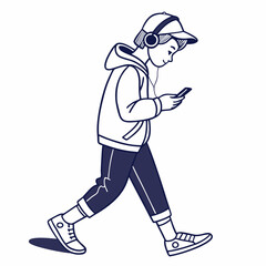 Teenager walking listening music smartphone headphones casual