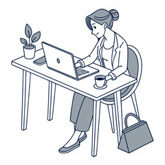 Woman working on laptop at desk with coffee and plant