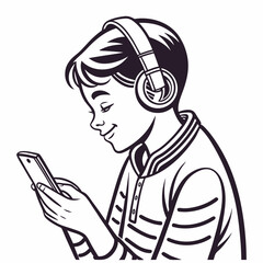 Boy listening music headphones smartphone mobile phone
