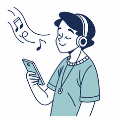 Happy person listening to music on smartphone with headphones