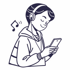 Happy boy listening to music on headphones using smartphone