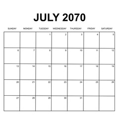 july 2070. monthly calendar design. week starts on Sunday. printable, editable, simple, and clean vector design isolated on white background.