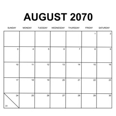 august 2070. monthly calendar design. week starts on Sunday. printable, editable, simple, and clean vector design isolated on white background.