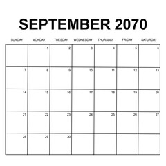September 2070. monthly calendar design. week starts on Sunday. printable, editable, simple, and clean vector design isolated on white background.