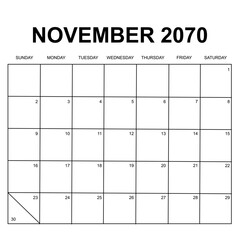 November 2070. monthly calendar design. week starts on Sunday. printable, editable, simple, and clean vector design isolated on white background.