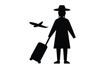 Minimalist silhouette of pilgrim with suitcase