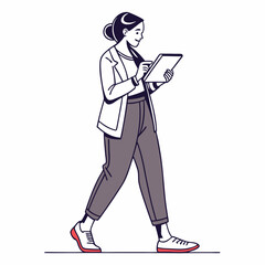 Young woman walking using tablet digital device modern lifestyle