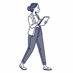 Businesswoman walking holding tablet digital device modern office worker