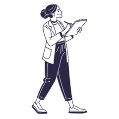 Woman walking and taking notes on clipboard business professional