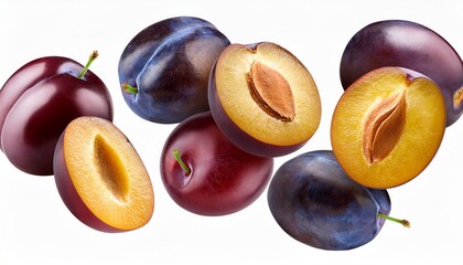 Fototapeta premium whole and sliced plums suspended in midair isolated on transparent background