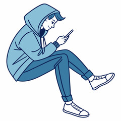 Young man sitting using smartphone casual clothes blue hoodie