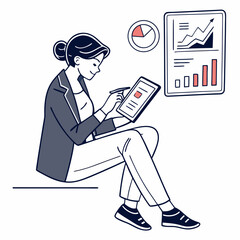 Businesswoman analyzing data on tablet charts graphs