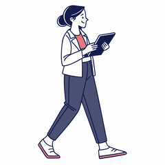 Young woman walking using tablet digital device technology