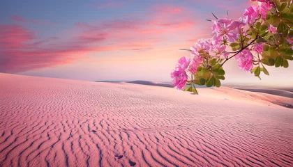 Fototapeten surreal landscape with pink sand blooming pink flowers green leaves sunset sky dreamy atmosphere floral branch delicate petals pastel colors fantasy nature peaceful scene © Oliver