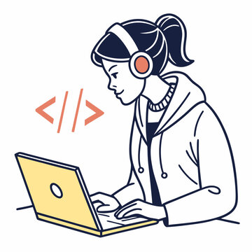 Young woman programmer coding on laptop wearing headphones