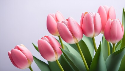 Fototapeta premium some beautiful pink tulips with green leaves