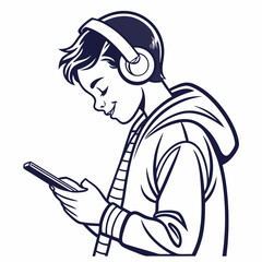 Boy listening music headphones smartphone smiling happy teenager