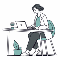 Woman doctor working on laptop at desk in office