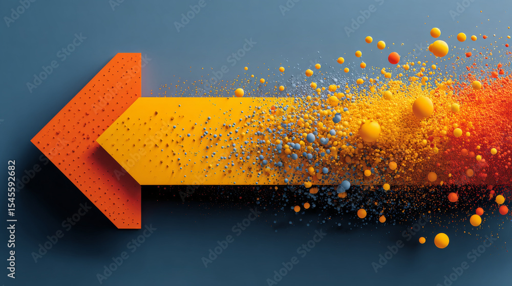 Poster vibrant orange arrow disintegrates into colorful particles on blue background, creating dynamic and 