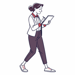 Young businesswoman walking while writing on clipboard