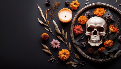 mystical and magical skull flat lay with dead flowers and foliage on matte black background lit candle and witchy decorations generative ai