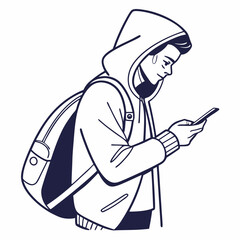Young man in hoodie using smartphone backpack outdoors