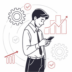 Professional businessman using smartphone, growth charts, gears, checkmarks, transparent background