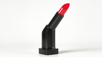 Bright Red Lipstick Tube with Shiny Black Casing Isolated on a White Background for Beauty and Cosmetic Advertising