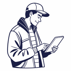 Young man in jacket using tablet digital device