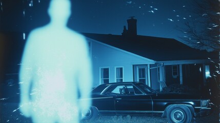 Glowing humanoid figure in front of house at night