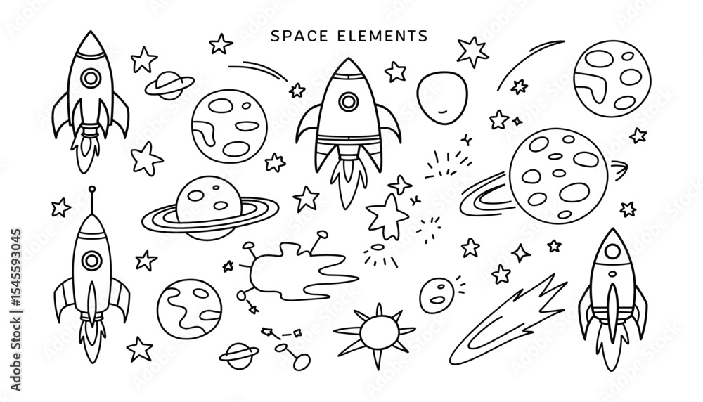 Poster space vector element set outline style rocket planet star isolated on white background