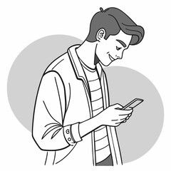 Young man smiling while using smartphone modern line art illustration